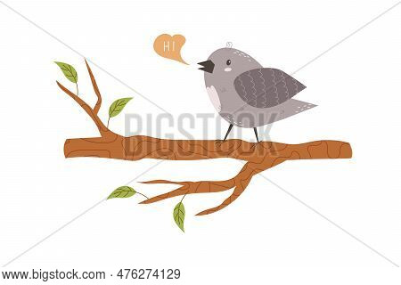 Cute Bird Sits On A Tree Branch. Funny Curious Sparrow. Charming Funny Wild Bird, Feathered On A Twi
