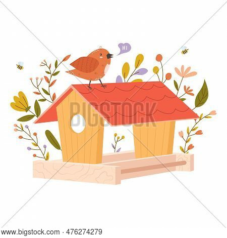Wooden Colorful Birdhouse With Small Birds. House For Feathered Animals. Spring Time For Nesting. Or