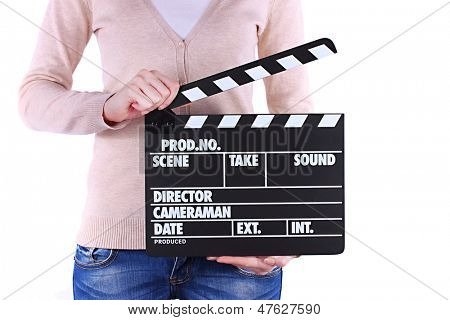 Film produzione batacchio pensione in mani isolata on white