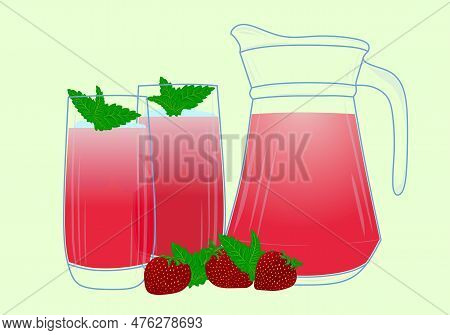 Strawberry Kompote In Glasses And Jug. A Glass Of Strawberry Tea. Strawberry Compote. Vector Illustr