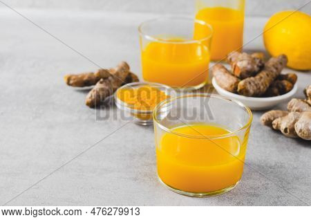 Turmeric Shots, Healthy Beverage With Turmeric Root And Spices, Jamu Juice, Immunity Booster Drink O