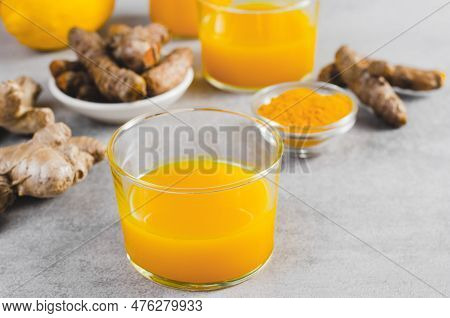 Turmeric Shots, Healthy Beverage With Turmeric Root And Spices, Jamu Juice, Immunity Booster Drink O