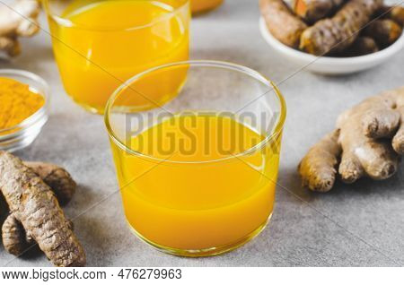 Turmeric Shots, Healthy Beverage With Turmeric Root And Spices, Jamu Juice, Immunity Booster Drink O