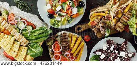 Greek Food Assorted On Dark Background, Long Horizontal Banner. Gyros, Greek Salad, Souvlaki - Selec