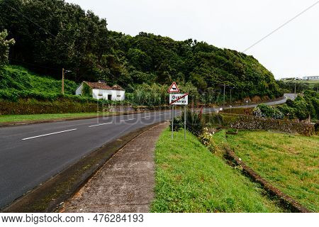 Quatro Ribeiras, Portugal - July 1, 2022: Sign Indicating The End Of The Municipal District On The R