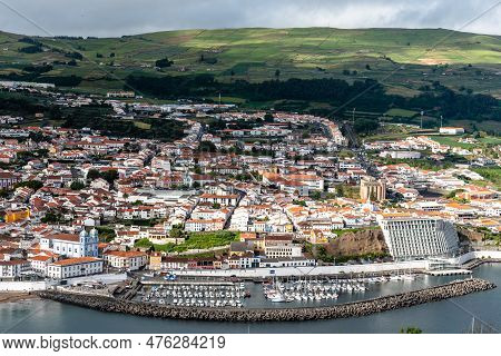 Angra Do Heroismo, Portugal - July 1, 2022: Panoramic Aerial View Of The Old Town And The Port Of An