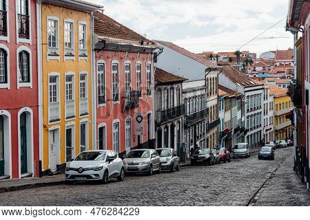 Angra Do Heroismo, Portugal - July 1, 2022: Steep Cobblestone Street In The Historic Center Of Angra