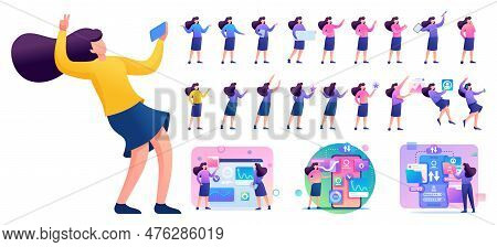 Set Of Young Woman. Presentation In Various In Various Poses And Actions. 2d Flat Character Vector I