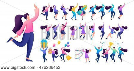 Set Of A Fun Teen Girl. Presentation In Various In Various Poses And Actions. 2d Flat Character Vect