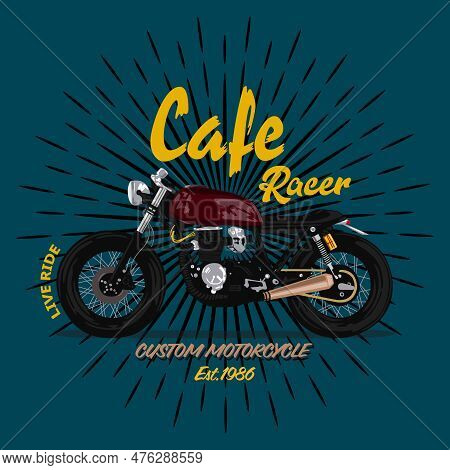 Old-fashioned Burgundy Motorcycle. Sports Bike Without Wings. Cafe Racer On A Blue Background.cover 