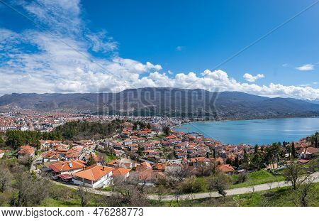 Aerial Panorama Of Ohrid Lake, City Of Ohrid. Ohrid Is A Macedonian Resort And Famous Tourist Destin