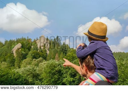 Nature Child On Shoulders Father Walking Nature Hiking Children Mountain Kid Hiking Forest Walk Chil