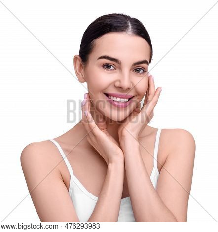 Beautiful Woman With Healthy Skin On White Background. Body Care