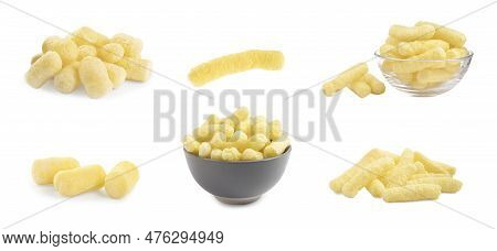 Collage With Tasty Corn Sticks On White Background