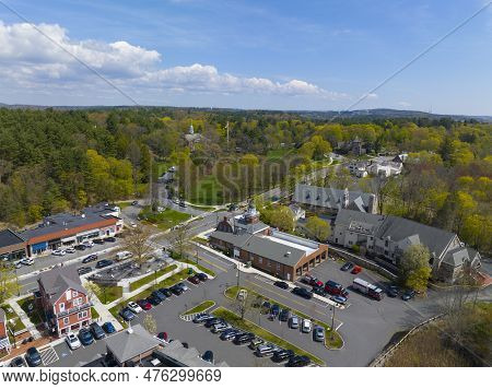 Weston Historic Town Center Aerial View In Spring Including Town Hall, Lanson Park, Fire Station And