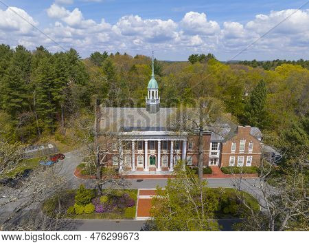 Weston Town Hall Aerial View At Lanson Park In Spring In Historic Town Center Of Weston, Massachuset