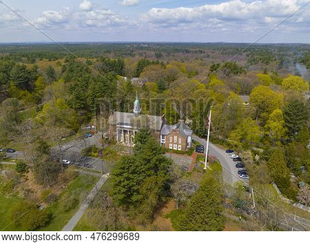 Weston Town Hall Aerial View At Lanson Park In Spring In Historic Town Center Of Weston, Massachuset