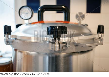 Close Up Of The Lid To A Pressure Canner. Food Preservation Is Key To Gardening And Homesteading. Pr