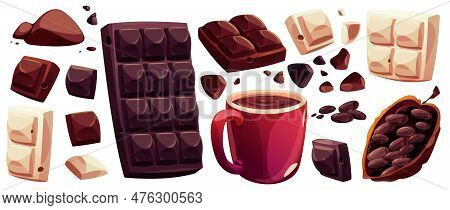 Cartoon Set Of Dark And White Chocolate Bar And Chips, Hot Cacao Beverage In Red Mug, Raw Cocoa Bean