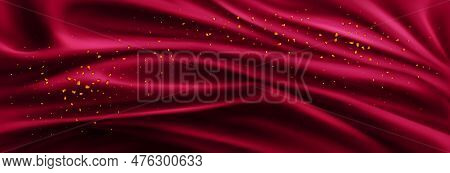 Realistic Red Silk Cloth Background With Golden Particles. Vector Illustration Of Trendy Viva Magent