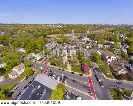 Saugus Historic Town Center Aerial View On Main Street In Spring Including Monument Square And Town 