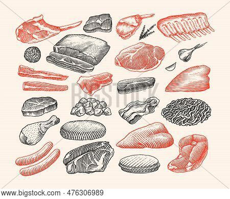 Red Meat Products. Veal Beef, Ribs, Bacon, Jamon, Mortadella, Lamb Beef Steak, Pork Sausage, Chicken