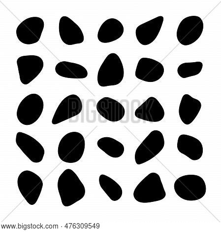 Black Ink Blot Rounded Shapes Set. Liquid Irregular Random Drop Elements Isolated On A White Backgro