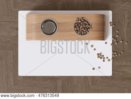 Blank White Pet Bowl Mat On The Floor At Home. Cat Or Dog Food Pad With Copy Space For Picture Or Te