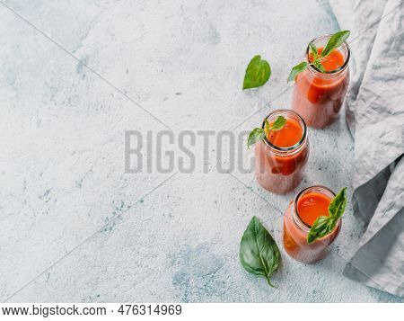 Delicious Gaspacho Soup In Glass Bottles. Traditional Spanish Cold Soup Puree Gaspacho Or Gazpacho O