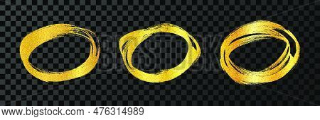 Circle Drawn With A Gold Marker. Set Of Three Doodle Style Various Scribble Circles. Gold Hand Drawn