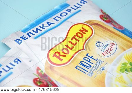Rollton Instant Mashed Potatoes On A Blue Background. Fast Food, Junk Food.