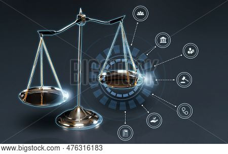 Smart Law, Legal Advice Icons And Lawyer Working Tools In The Lawyers Office Showing Concept Of Digi