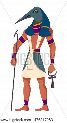 Ancient Egyptian God Thoth With Head Of Ibis Flat Vector Illustration. Deity Of Moon, Knowledge, Sci