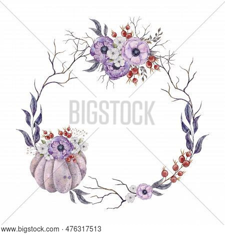 Round Wreath With Purple Pumpkin And Purpule Anemone , Rosehip Berries, Dusk Violet Leaves And Tree 