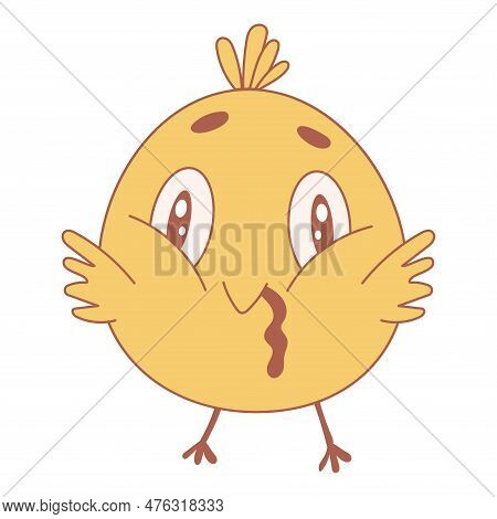 Chick Cute Yellow Dacha House Vegetable Garden Easter Eggs Hunting Holiday. Vector Illustration
