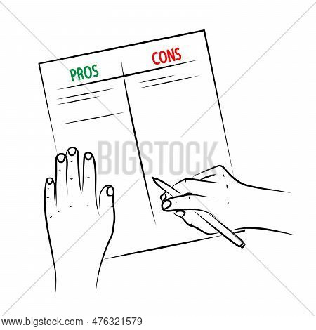Pros And Cons Concept Of Decision Making Process. Listing Positive And Negative Arguments For Busine