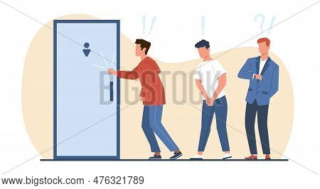 Queue To Mens Room, Men Waiting At Door Of Toilet, Standing In Line. Unhappy Male And Female Charact