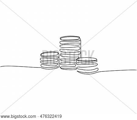 Three Stacks Of Coins Of Different Heights, Cents, Kopecks, Pennies One Line Art. Continuous Line Dr