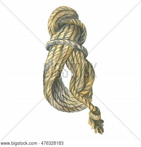 Watercolor Illustration Of Rope Roll For Camping Isolated On White Background. Marine Rope For Your 