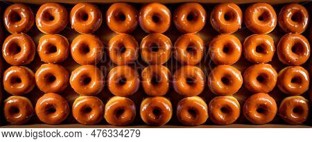 Delicious Glazed Donuts With Caramel. Top View.