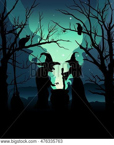 Witches Preparing Potion In Cauldron. Wizard Brew Magic Poison. Halloween Concept. Vector Illustrati
