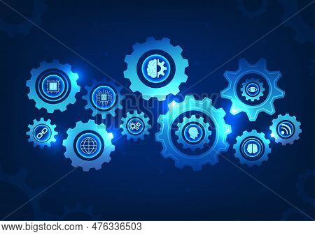 Gear Technology Background With Smart Technology Represents The Drive Of Modern Technology. Gear Dig