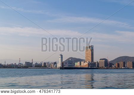 Takamatsu, Japan - March 29, 2023: Scenic View Of Takamatsu Port From The Sea In Takamatsu, Shikoku,