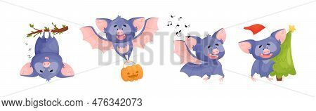 Funny Purple Bat Character Engaged In Different Activity Vector Set