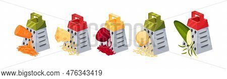 Grater Or Shredder Grating Vegetable Into Fine Pieces Vector Set