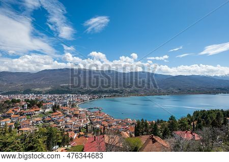 Aerial View Of Ohrid Lake, City Of Ohrid. Ohrid Is A Macedonian Resort And Famous Tourist Destinatio
