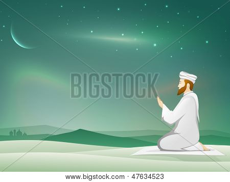 Muslimske unge mans i traditionelle kjole bede (Namaz, islamisk bøn) i skinnende moonlight nat tilbage