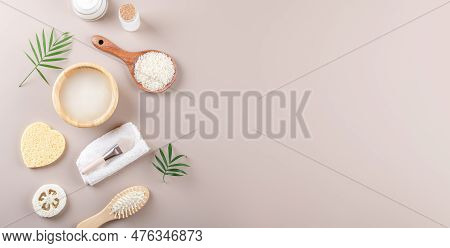 Homemade Cosmetic Rice Water With Ingredients On Beige Background, Healthy Beauty Hair Treatment Ing