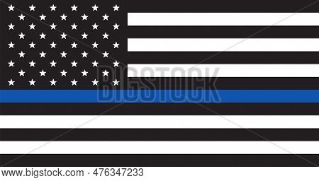 Police Us Flag. Patriotic Symbol. Black And White Us Flag With Blue Line.