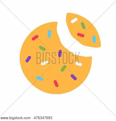 Crunchy Broken Cookie With Missing Bite, Colorful Sprinkles Isolated On White Background. Gourmet Cr